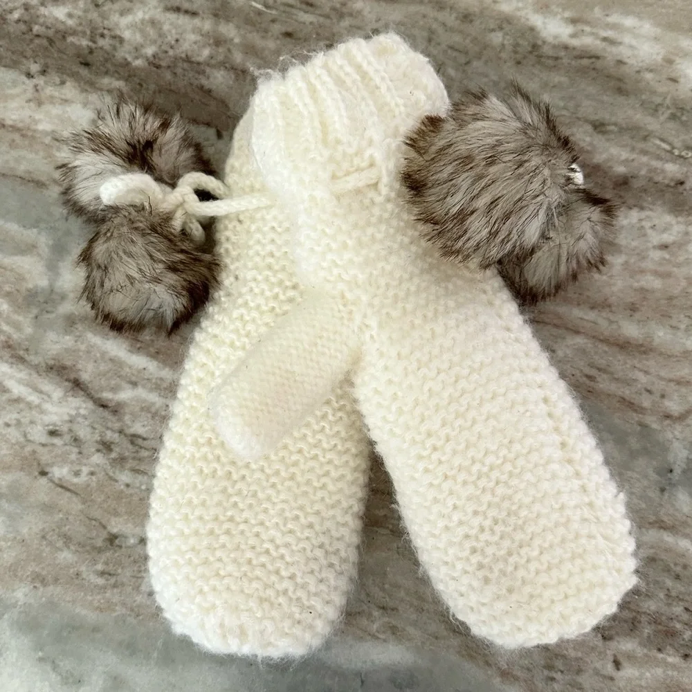 Cream Cozy Fleece Lined Knit Mittens with Faux Fur Pom Poms